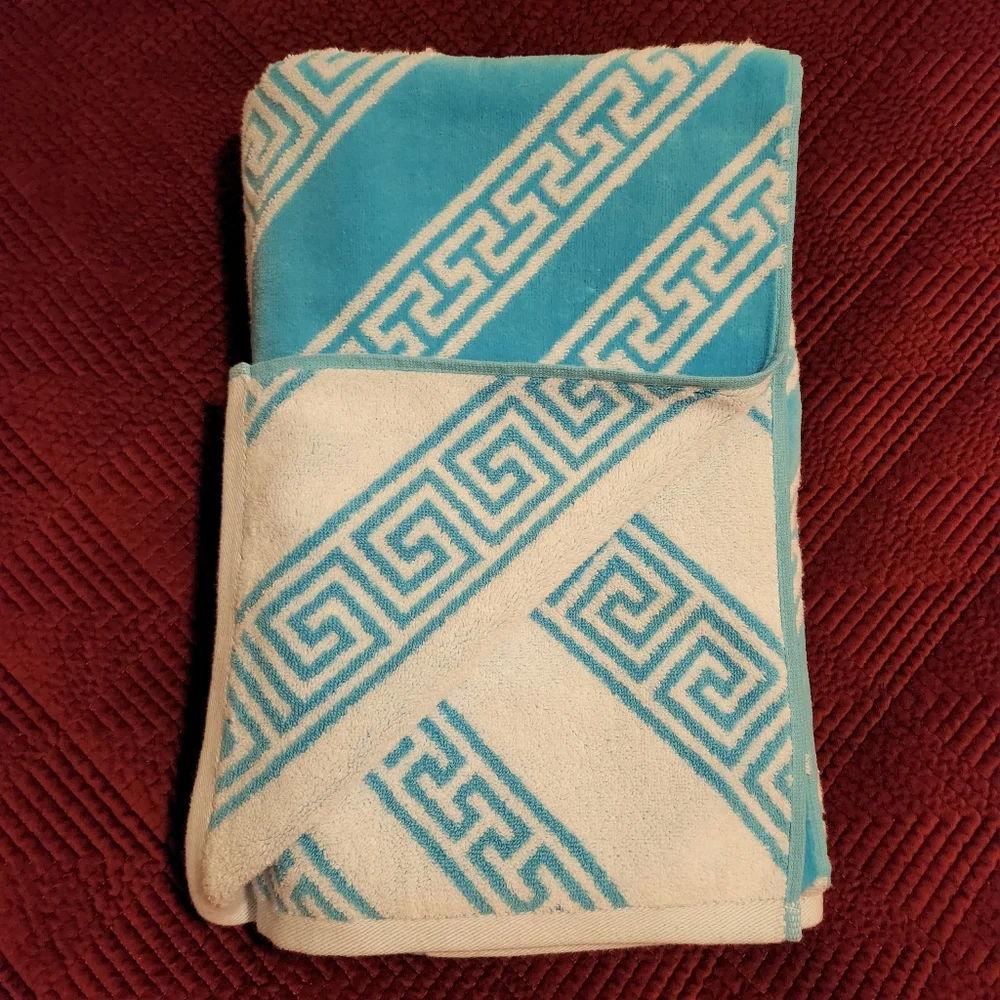 Greek Motif Teal and White Beach Towel NWOT